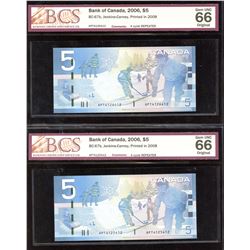 Bank of Canada $5, 2008 - 4 Cycle Repeater - Lot of 2