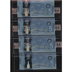 Bank of Canada $5, 2013 - Lot of 4 Consecutive Notes
