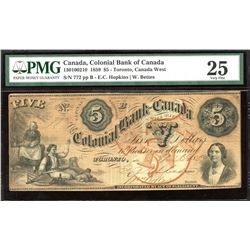 Colonial Bank of Canada $5, 1859