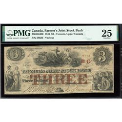 Farmer's Joint Stock Bank $3, 1849 with BC Stamped in red