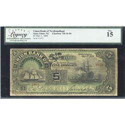 Union Bank of Newfoundland $5, 1889