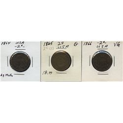 Lot of 3 US 2c coins, 1864-1866 (G to VG)