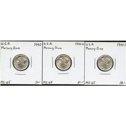 USA 1940 Mercury Dime, PDS Set. Lot of 3