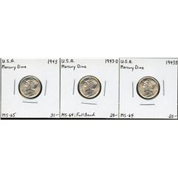 USA 1943 Mercury Dime, PDS Set. Lot of 3