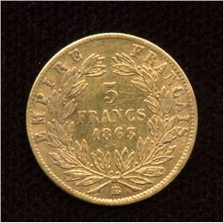 1863BB France Gold 5 Francs