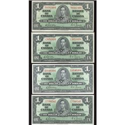 Bank of Canada $1, 1937 - Lot of 4 Notes