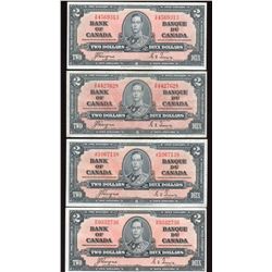 Bank of Canada $2, 1937 - Lot of 4 Notes