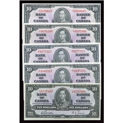 Bank of Canada $10, 1937 - Lot of 5