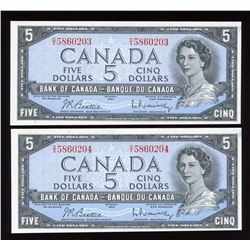 Bank of Canada $5, 1954 - Lot of 2 Consecutive Notes