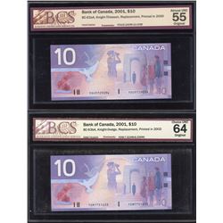 Bank of Canada $10, 2001 - Lot of 2 Replacements