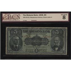 Molsons Bank $5, 1908