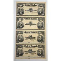 Bank of Montreal $20, 1904 Proof Sheet of 4 Banknotes