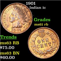 1901 Indian Cent 1c Grades Unc+ RB