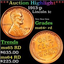 ***Auction Highlight*** 1913-p Lincoln Cent 1c Graded Choice+ Unc RD By USCG (fc)