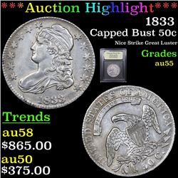 ***Auction Highlight*** 1833 Capped Bust Half Dollar 50c Graded Choice AU By USCG (fc)