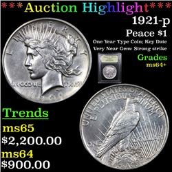 ***Auction Highlight*** 1921-p Peace Dollar $1 Graded Choice+ Unc By USCG (fc)