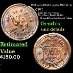 1863 United States Copper Mint Error Civil War Token 1c Grades Unc Details