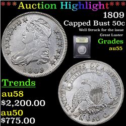 ***Auction Highlight*** 1809 Capped Bust Half Dollar 50c Graded Choice AU By USCG (fc)