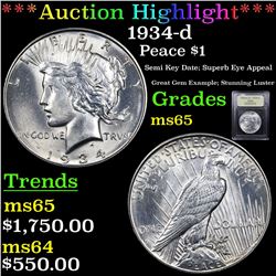 ***Auction Highlight*** 1934-d Peace Dollar $1 Graded GEM Unc By USCG (fc)