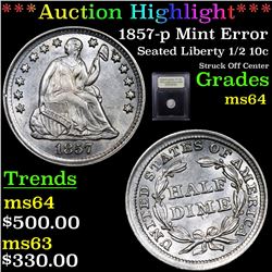 ***Auction Highlight*** 1857-p Mint Error Seated Liberty Half Dime 1/2 10c Graded Choice Unc By USCG