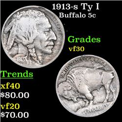 1913-s Ty I Buffalo Nickel 5c Grades vf++