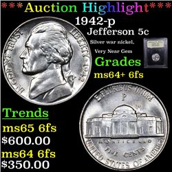***Auction Highlight*** 1942-p Jefferson Nickel 5c Graded Choice Unc+ 6fs By USCG (fc)