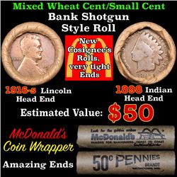 Mixed small cents 1c orig shotgun roll, 1916-s Wheat Cent, 1898 Indian Cent other end