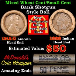 Mixed small cents 1c orig shotgun roll, 1918-d Wheat Cent, 1898 Indian Cent other end
