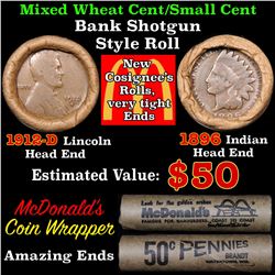 Mixed small cents 1c orig shotgun roll, 1912-d Wheat Cent, 1896 Indian Cent other end