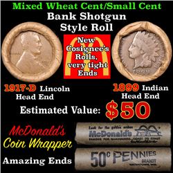 Mixed small cents 1c orig shotgun roll, 1917-d Wheat Cent, 1899 Indian Cent other end