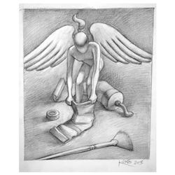 Mark Kostabi "Divine Intervention" Hand Signed Original Artwork with COA.