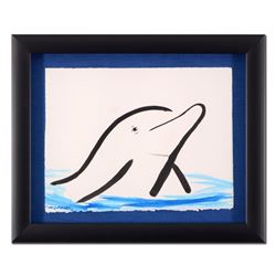 Wyland - "Dolphin" Framed Original Sumi Ink and Watercolor Painting, Hand Signed with Certificate of