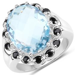 12.49 Carat Genuine Blue Topaz & Black Spinel .925 Sterling Silver Ring (size 9)