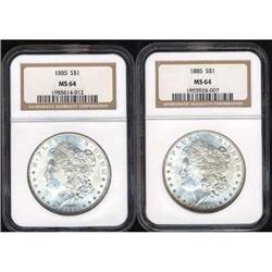 Lot 137 - Lot of Two 1885 Morgan Dollars NGC MS64