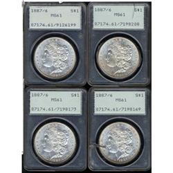 Lot 341 - Lot of Four 1887 Morgan Dollars. 7 over 6 PCGS MS61