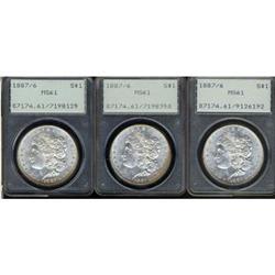 Lot 344 - Lot of Three 1887 Morgan Dollars. 7 over 6 PCGS MS61