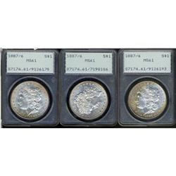 Lot 345 - Lot of Three 1887 Morgan Dollars. 7 over 6 PCGS MS61