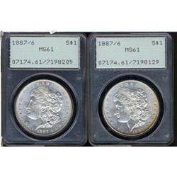 Lot 347 - Lot of Two 1887 Morgan Dollars. 7 over 6 PCGS MS61