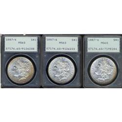 Lot 349 - Lot of Three 1887 Morgan Dollars. 7 over 6 PCGS MS60