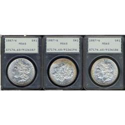 Lot 350 - Lot of Three 1887, 7 over 6 Morgan Dollars PCGS MS60