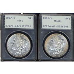 Lot 353 - Lot of Two 1887 Morgan Dollars. 7 over 6 PCGS MS60