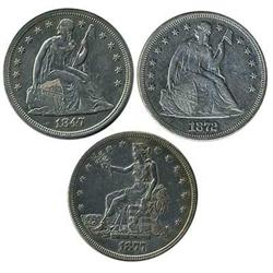 Lot 843 - Lot of 3 Silver Dollars: 1847, 1872, 1877. RAW