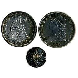 Lot 908 - Lot of 3 Coins. 1860 3CS, 1831 25c, 1854 25c Arrows RAW