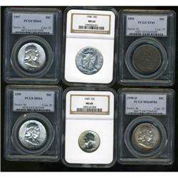 Lot 909 - Lot of 5 Half Dollars and 1 Washington Quarter.