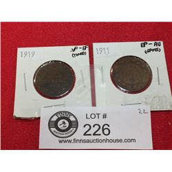 2 Early Canadian Large Pennies. 1911 and 1919 Both in Coin Holders