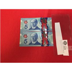 2 Consecutive Bank of Canada $5 Bank Notes in Uncirculated Condition