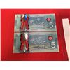 Image 2 : 2 Consecutive Bank of Canada $5 Bank Notes in Uncirculated Condition
