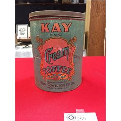 Vintage Coffee Tin. Kay Brand Cream Coffee Manufactured by Kelly Confection Company Vancouver BC