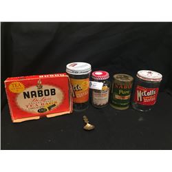 Vintage Kitchen Lot. Nabob Pure Ginger Tin an Old Maid, Nabob Tea Box, Nabob Spoon + 3 glass Peanut 