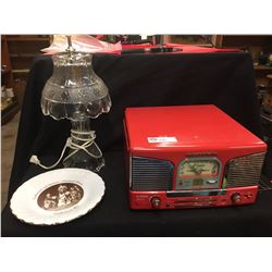 A Classic Vintage Syle Record/CD Player with AM/FM Radio. Plus a Vintge Glass Lamp and a Cumberland 